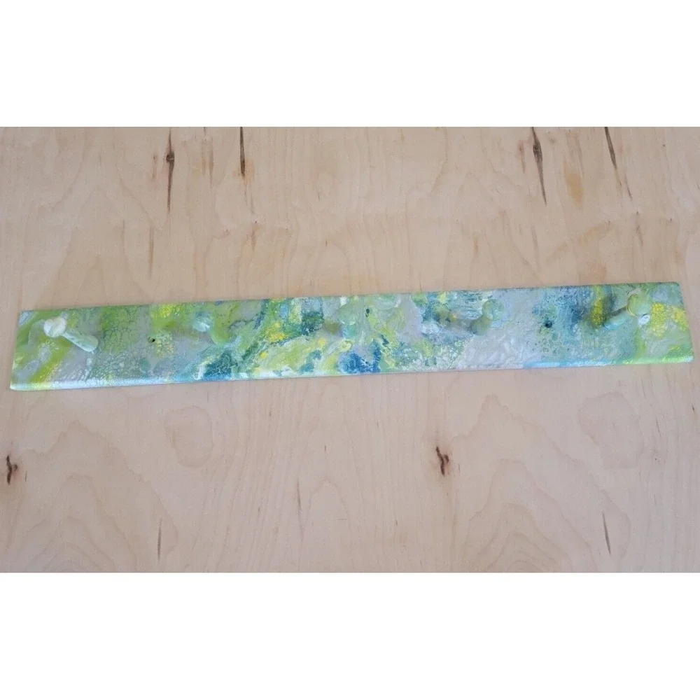 Hand Painted Fluid Art Wooden Wall Rack 5 Peg Hook Green‎ Teal Marbled Entryway